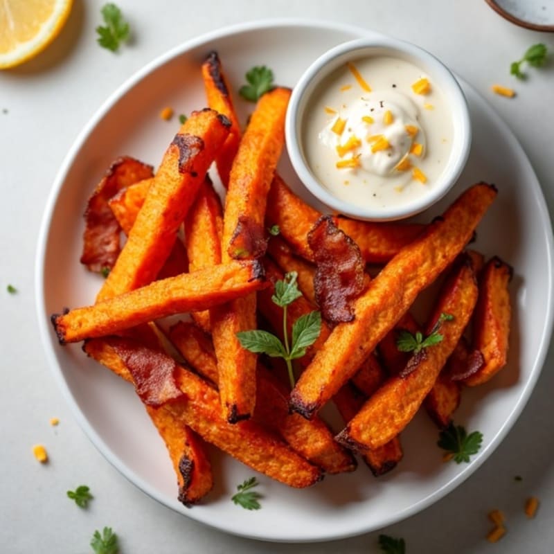 Crispy Roasted Sweet Potato Fries with Smoky Turkey Bacon and Creamy Cheesy Sauce