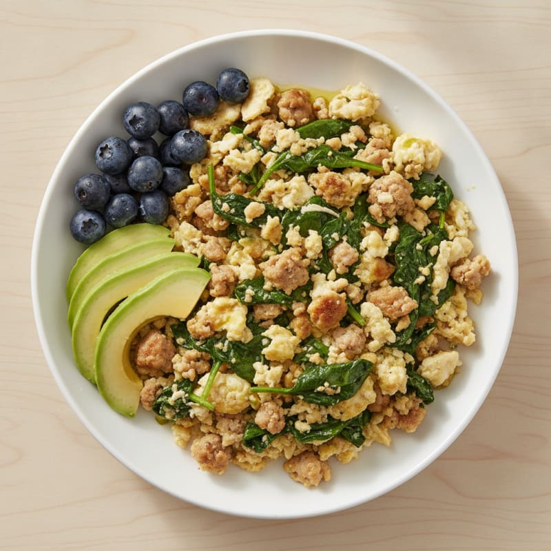 Egg White and Turkey Sausage Scramble with Sautéed Spinach