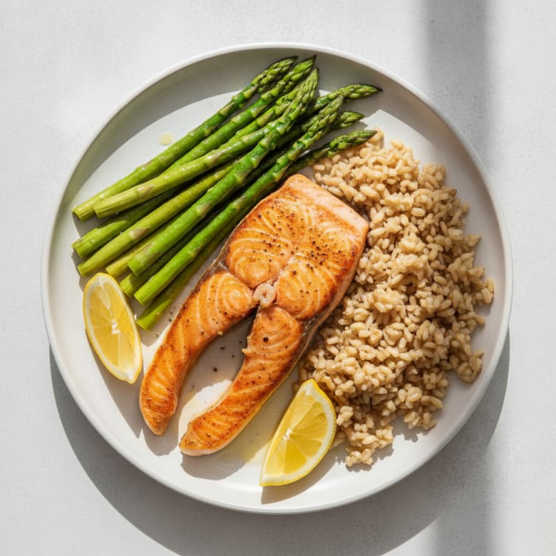 Seared Salmon Fillet with Steamed Asparagus and Brown Rice