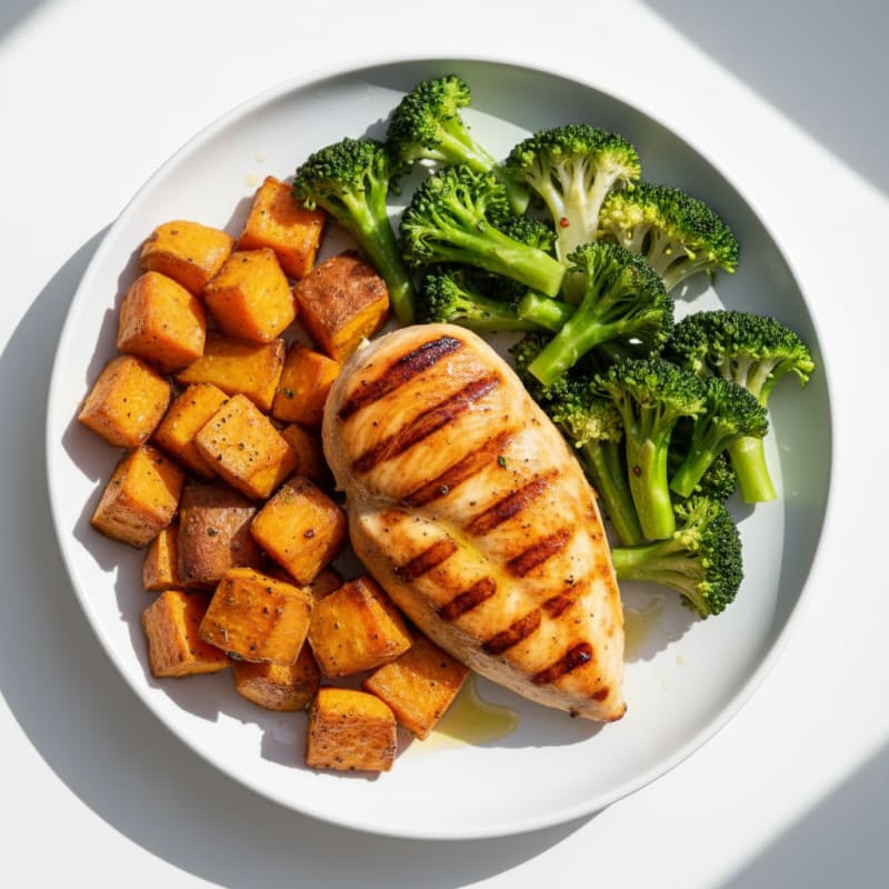 Grilled Chicken Breast with Roasted Sweet Potato and Steamed Broccoli
