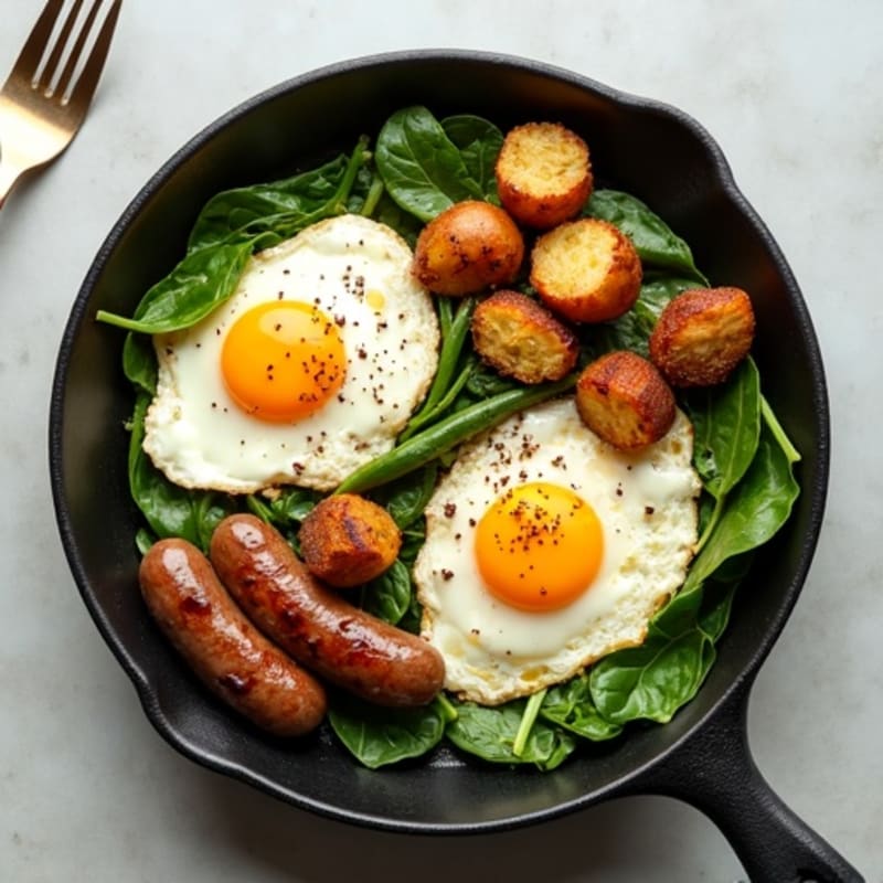 Hearty Egg and Lean Sausage Skillet with Crispy Potatoes and Fresh Greens