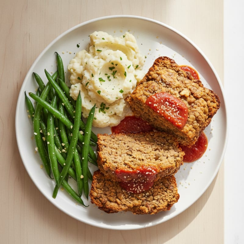 Lentil Walnut Loaf with Steamed Green Beans and Garlic Mashed Cauliflower
