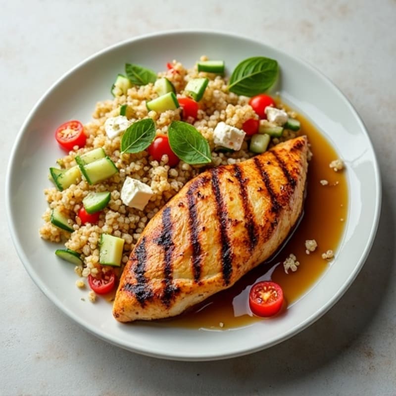 Grilled Chicken Breast with Quinoa and Crunchy Cucumber-Tomato Salad