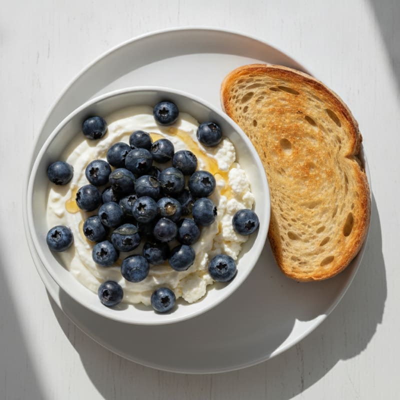 Greek Yogurt and Cottage Cheese Bowl with Blueberries and Sourdough Toast