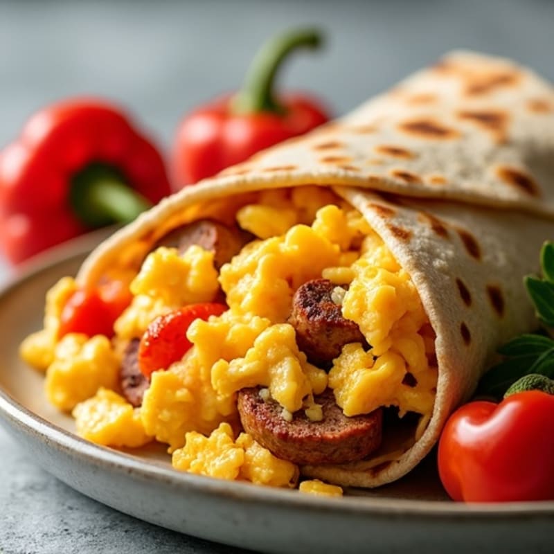 Hearty Scrambled Egg and Chicken Sausage Breakfast Burrito with Roasted Peppers
