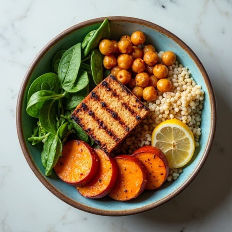 Roasted Sweet Potato Quinoa Bowl with Crispy Chickpeas
