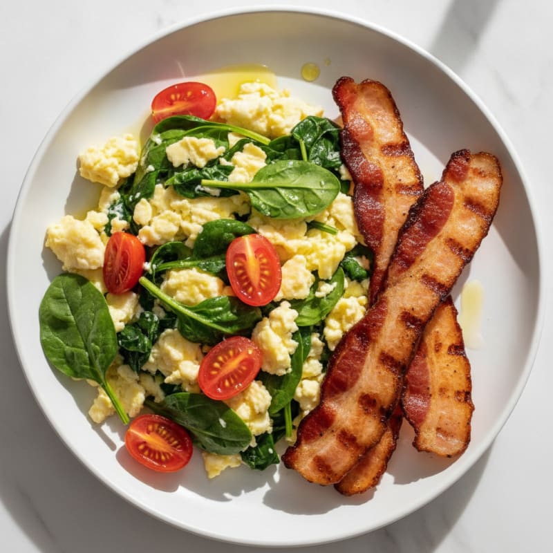 Egg White Scramble with Spinach and Grilled Turkey Bacon