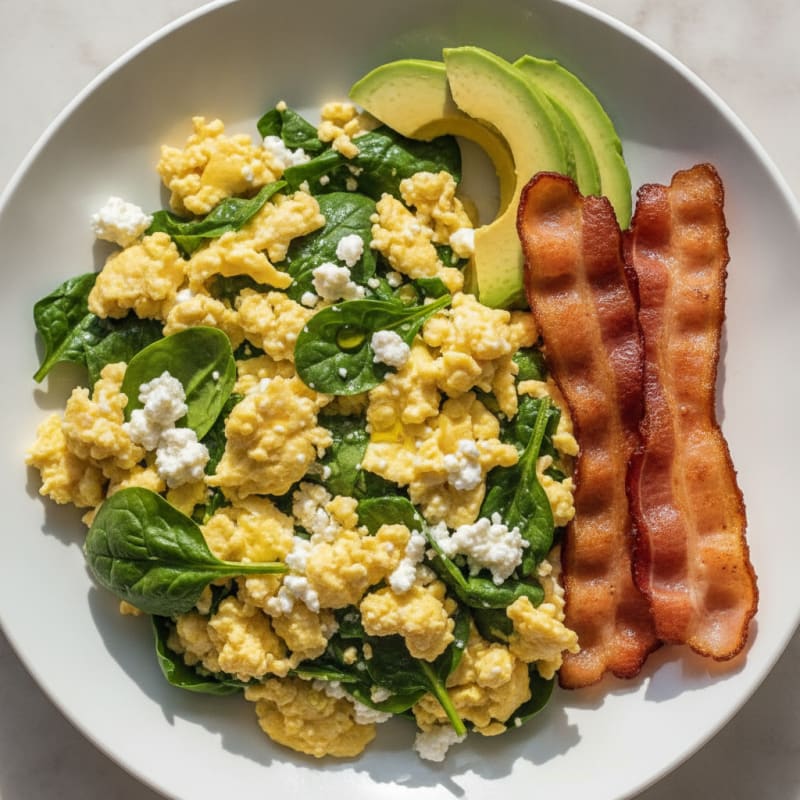 Cottage Cheese Egg Scramble with Spinach and Turkey Bacon