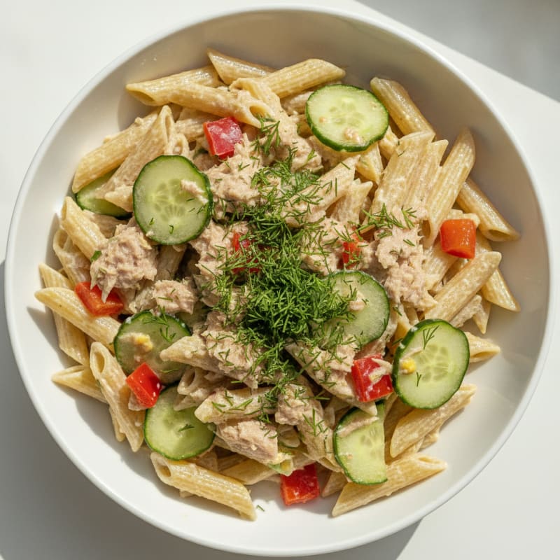 Tuna Pasta with Crisp Veggies and Light Herb Dressing