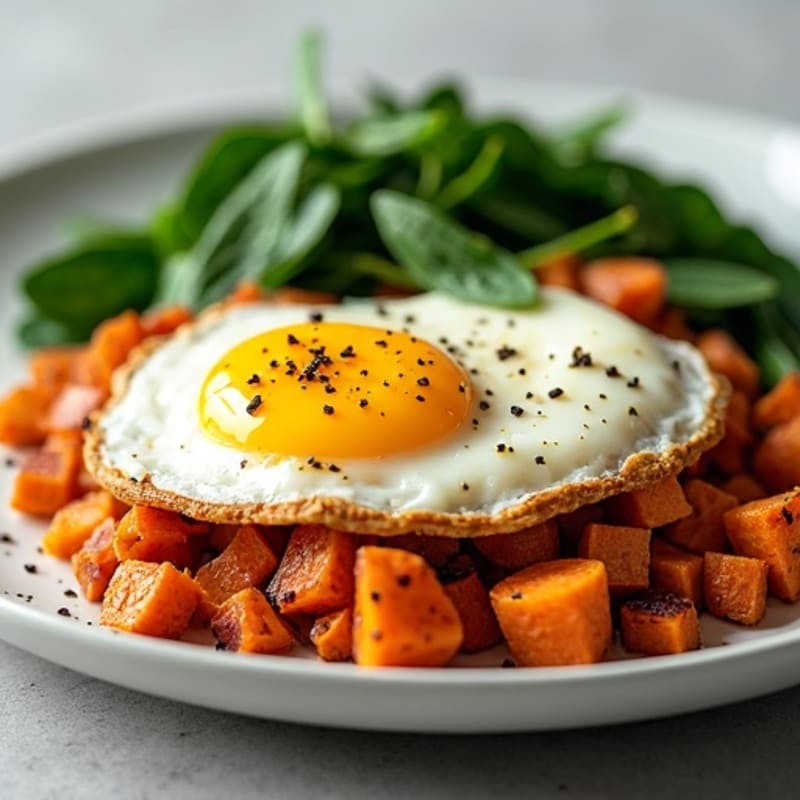 Sweet Potato Hash with Fried Eggs and Sautéed Greens