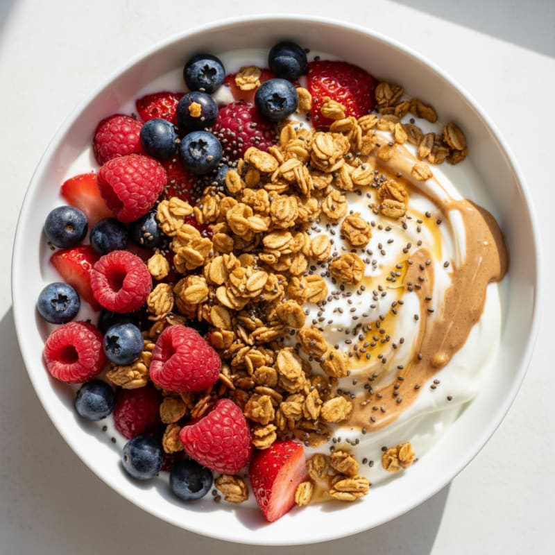 Creamy Greek Yogurt Bowl with Protein Granola and Mixed Berries