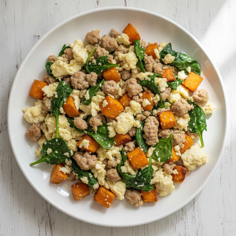 Egg White and Turkey Sausage Scramble with Spinach and Roasted Sweet Potatoes