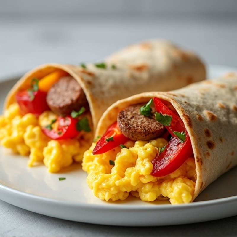 Hearty Scrambled Egg and Lean Turkey Sausage Breakfast Burrito with Sautéed Peppers and Onions