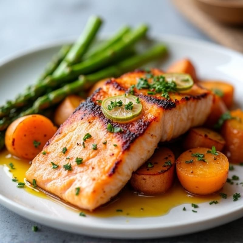 Seared Salmon with Roasted Sweet Potato and Asparagus