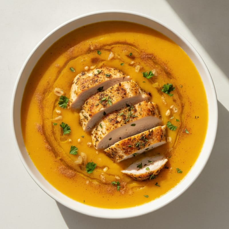 Roasted Butternut Squash Soup with Herb-Crusted Chicken