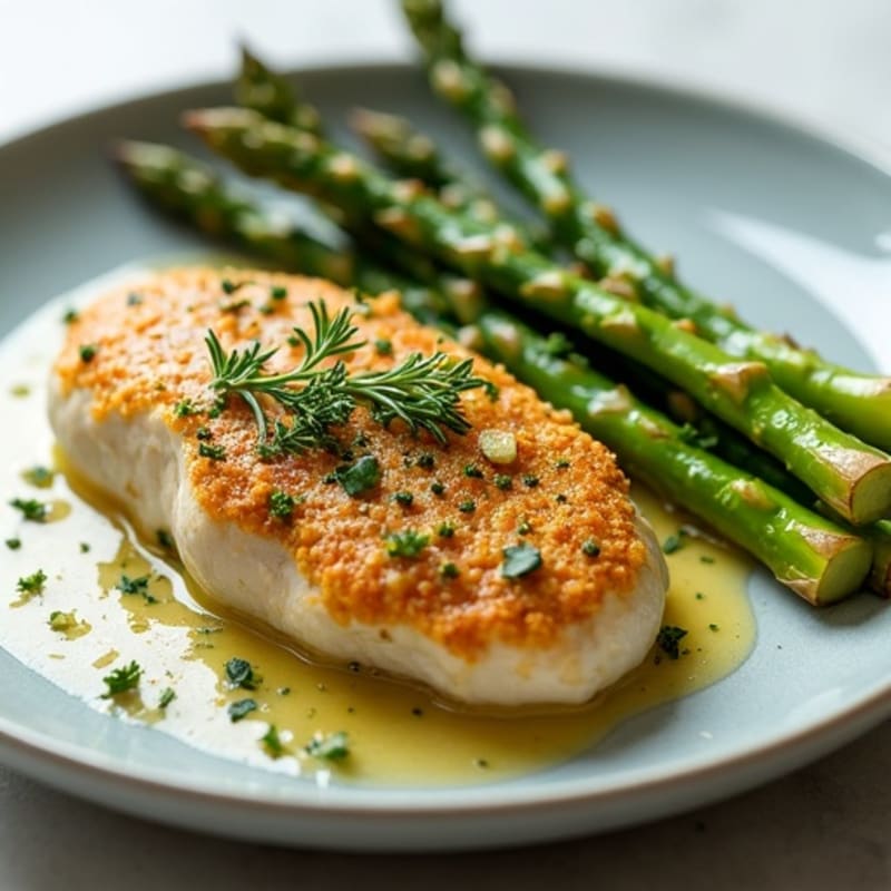 Garlic Herb Crusted Chicken with Crispy Roasted Asparagus Spears