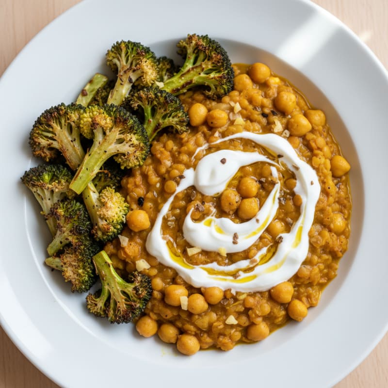 Creamy Lentil and Chickpea Stew with Roasted Broccoli