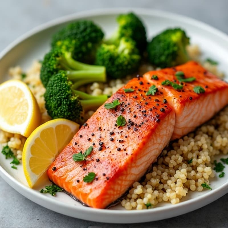 Seared Salmon with Roasted Broccoli and Quinoa