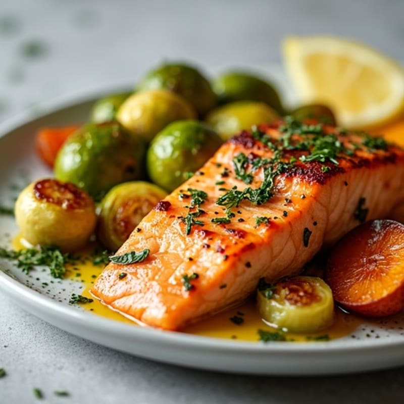 Lemon-Herb Roasted Salmon with Crispy Brussels Sprouts and Sweet Potato