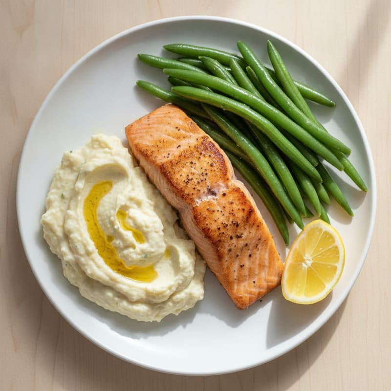 Seared Salmon with Steamed Green Beans and Garlic Mashed Cauliflower