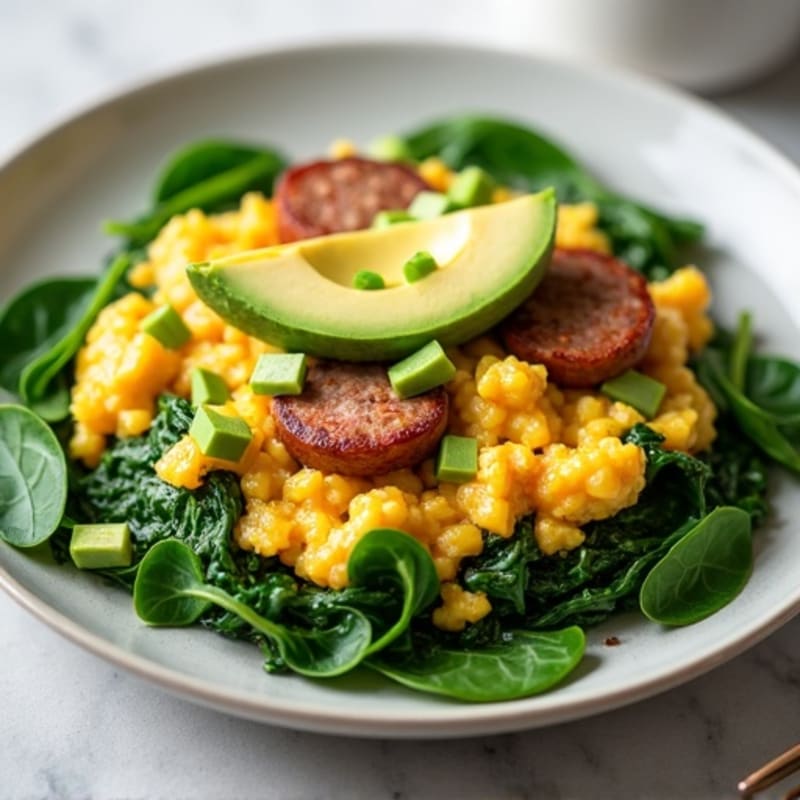 Egg White and Turkey Sausage Scramble with Sautéed Spinach