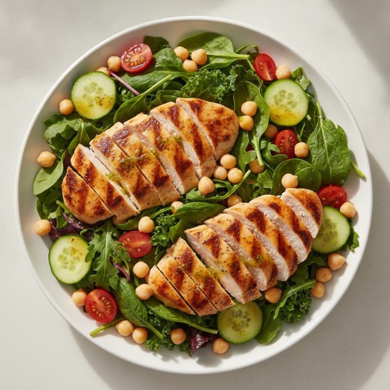 Grilled Chicken Breast Salad with Chickpeas and Mixed Greens