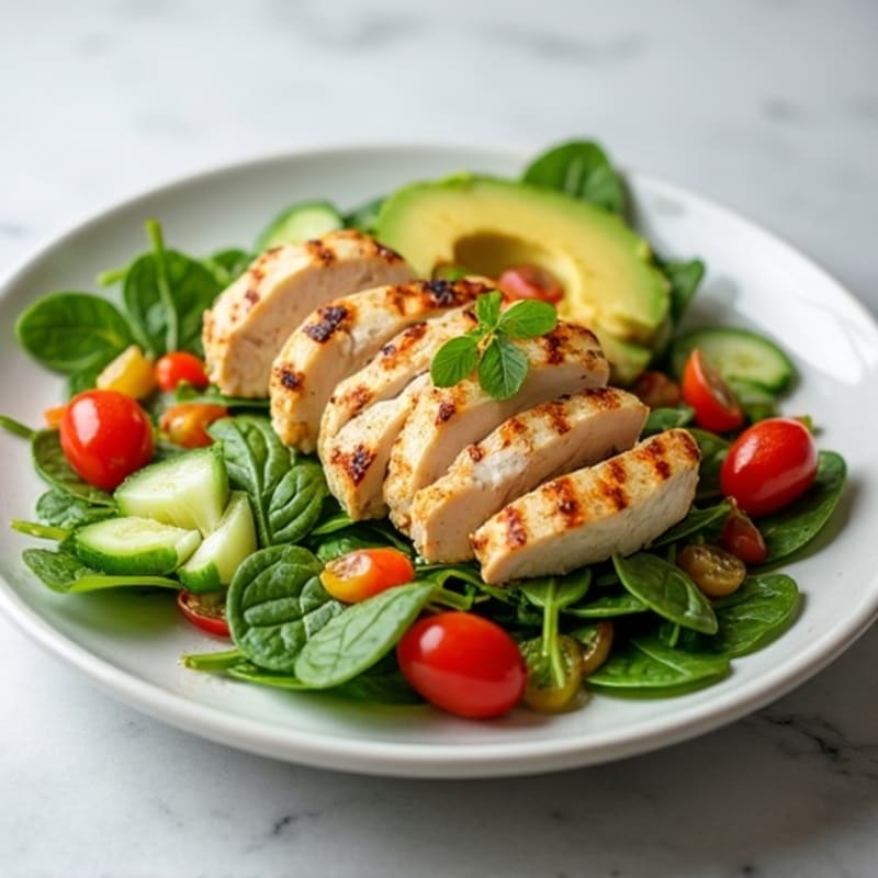 Grilled Chicken and Creamy Avocado Salad with Crisp Vegetables