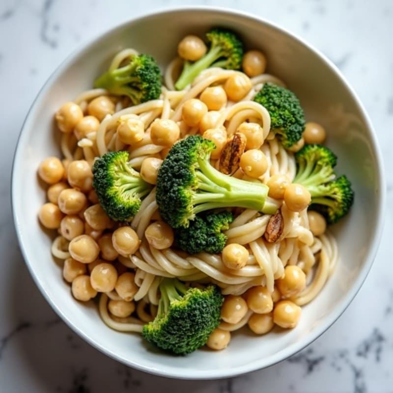 Creamy Cashew Pasta with Roasted Broccoli and Crispy Chickpeas