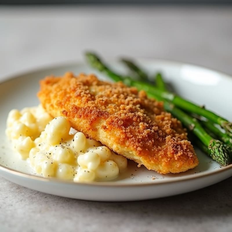 Crispy Baked Chicken with Creamy Cauliflower 'Mac' and Roasted Asparagus