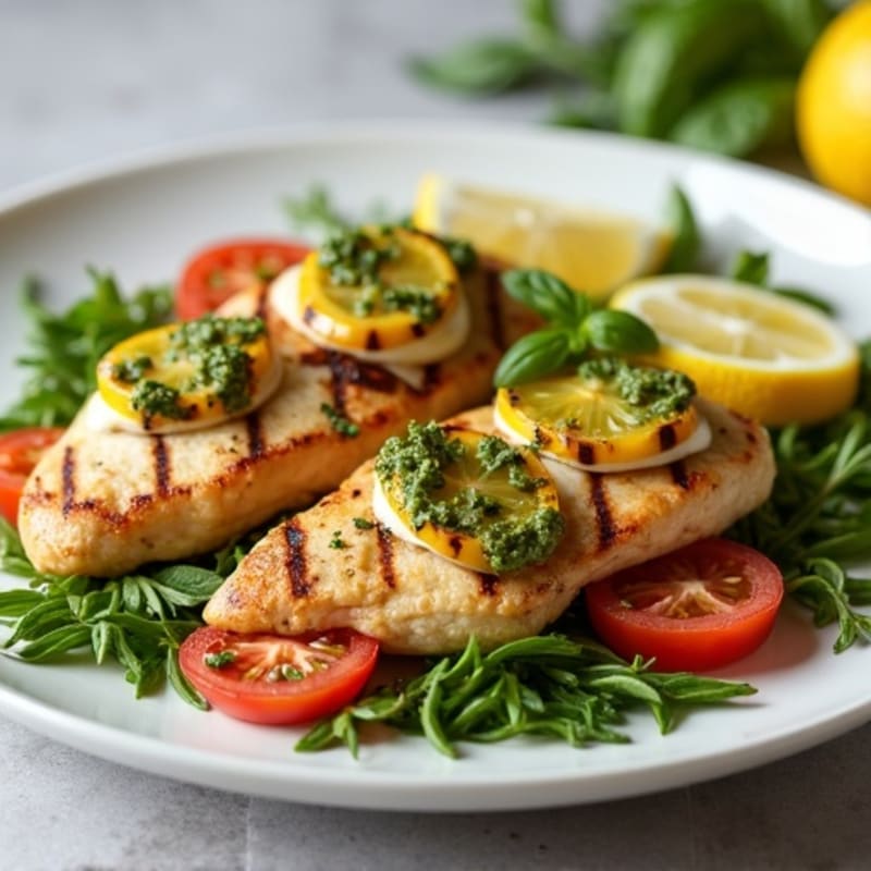 Grilled Lemon-Herb Chicken with Fresh Tomato Mozzarella and Basil Pesto
