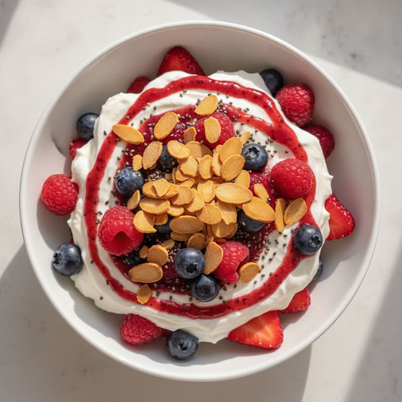 Greek Yogurt Protein Parfait with Mixed Berries and Almonds