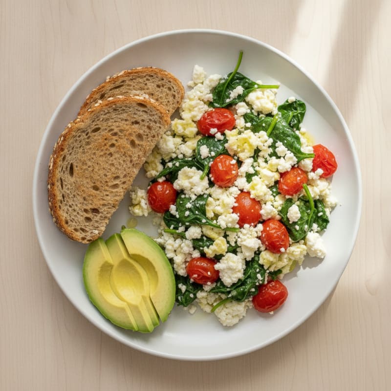 Egg White and Spinach Scramble with Cottage Cheese and Cherry Tomatoes