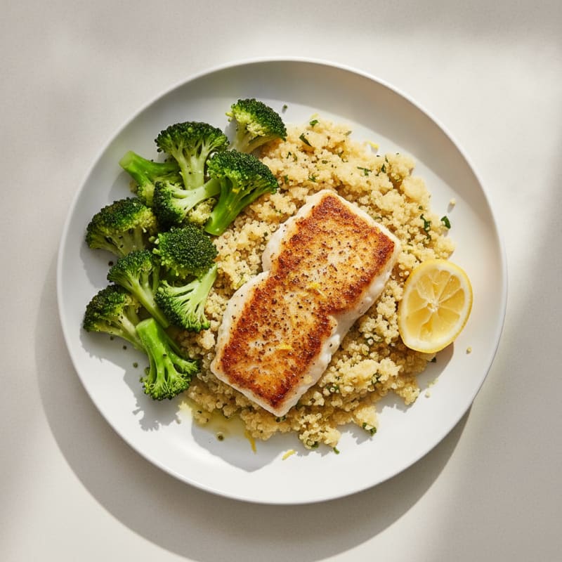Seared Cod with Steamed Broccoli and Lemon Quinoa