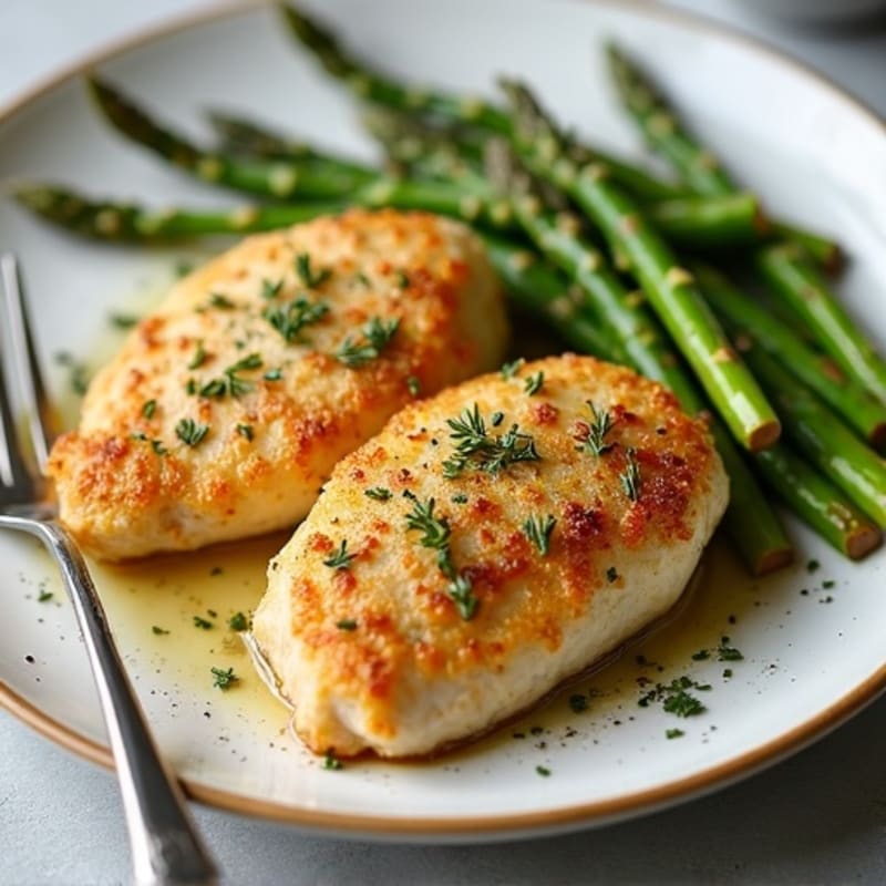 Crispy Lemon-Herb Pan-Seared Chicken Breasts with Roasted Asparagus