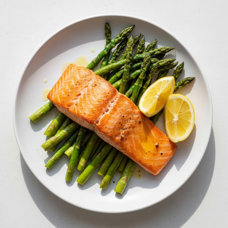 Seared Salmon Fillet with Roasted Asparagus and Lemon