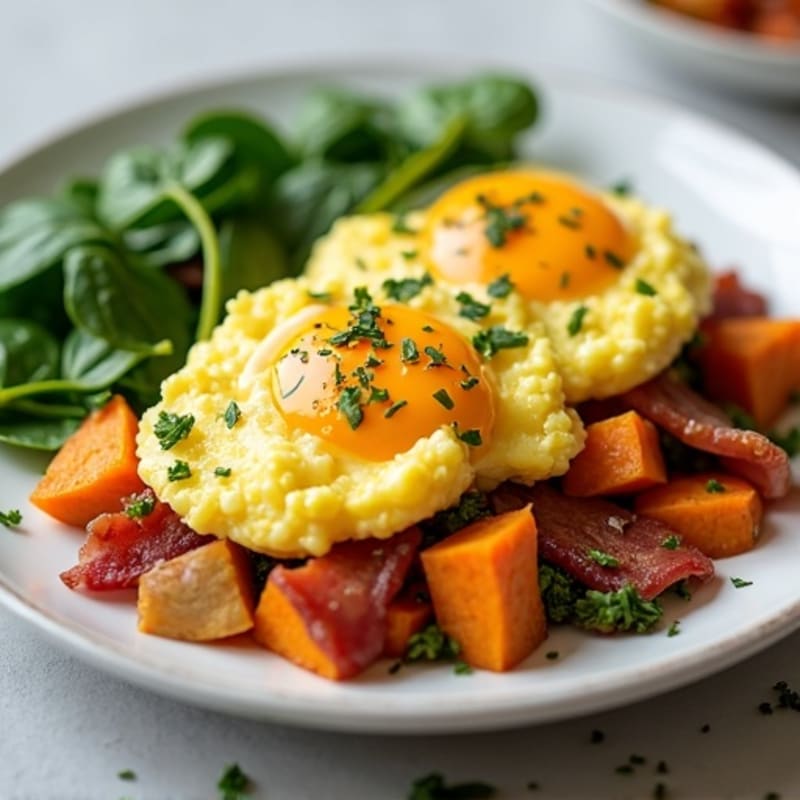 Fluffy Scrambled Eggs with Spinach and Sweet Potato Hash