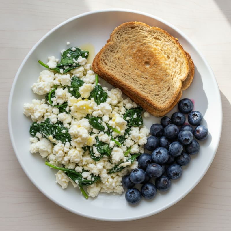 Cottage Cheese Egg White Scramble with Sautéed Spinach