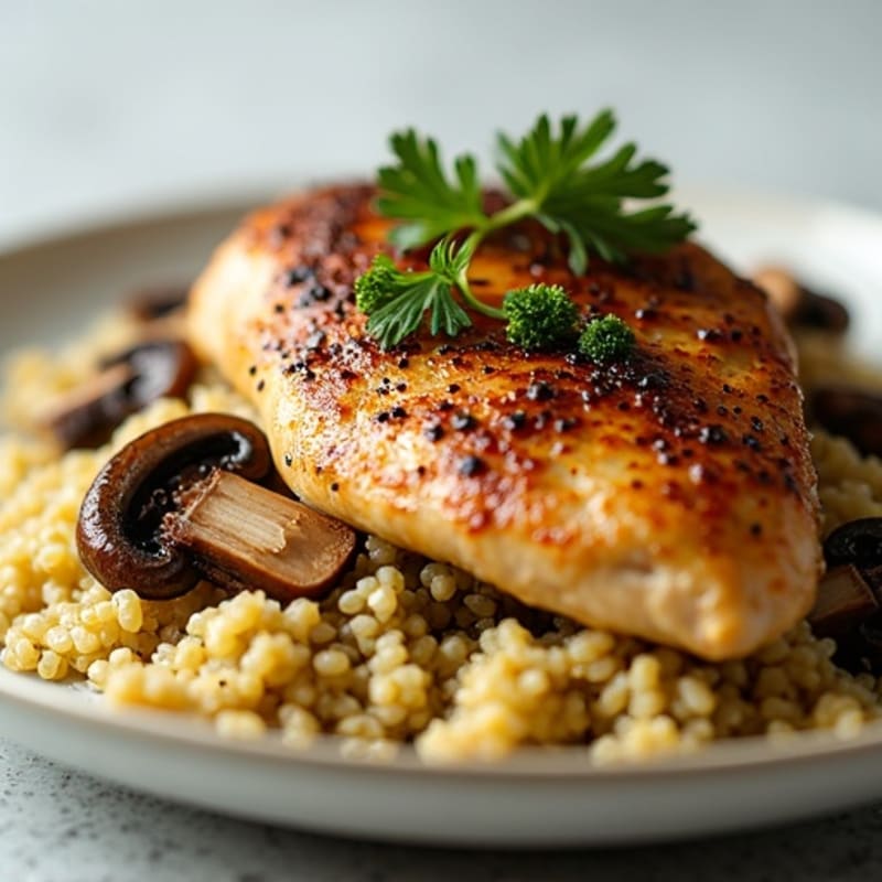 Pan-Seared Chicken with Garlic Butter Roasted Mushrooms and Herbed Quinoa