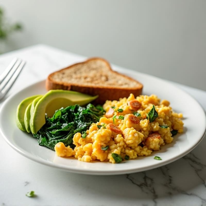 Egg White and Turkey Sausage Scramble with Sautéed Spinach