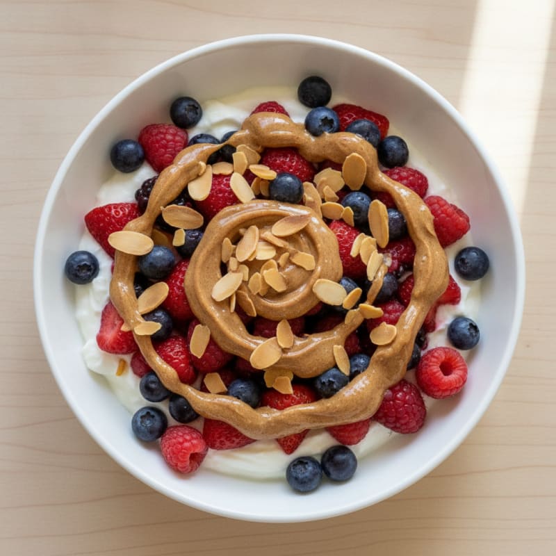 Greek Yogurt Protein Parfait with Mixed Berries and Almond Butter