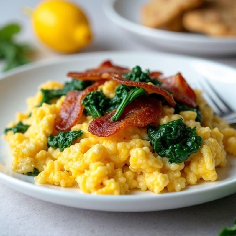 Cottage Cheese Scramble with Turkey Bacon and Sautéed Spinach