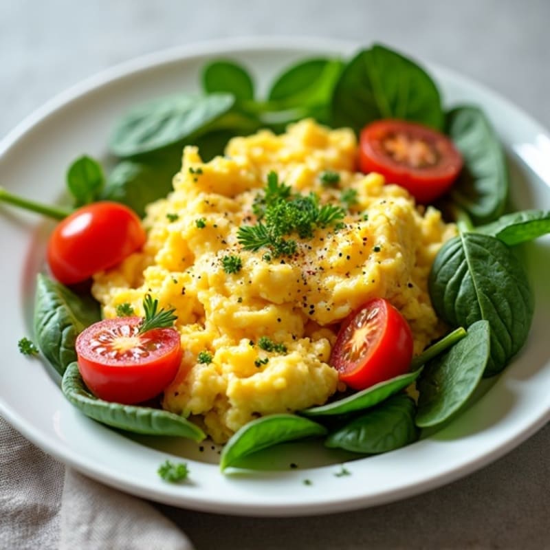 Fluffy Herb Scrambled Eggs with Fresh Spinach and Cherry Tomatoes