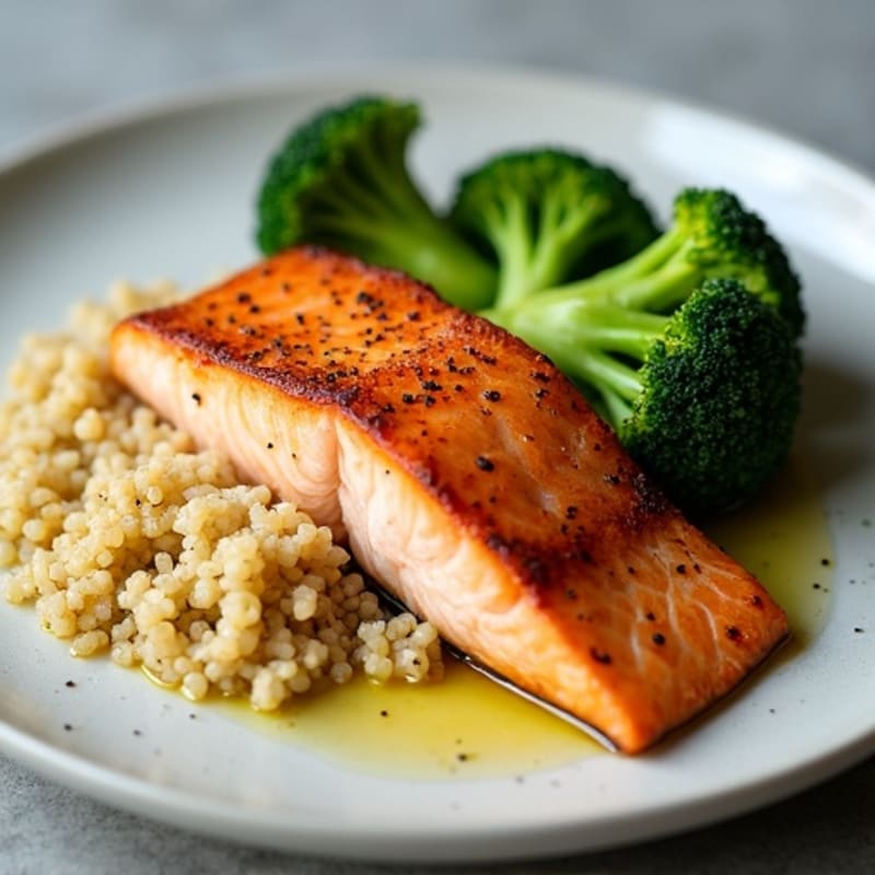Seared Salmon with Steamed Broccoli and Quinoa
