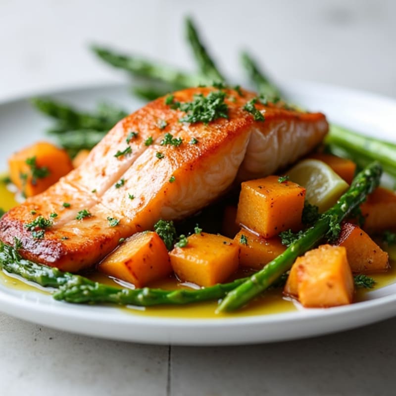 Seared Salmon with Roasted Asparagus and Sweet Potato