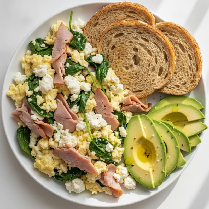 Egg White Scramble with Cottage Cheese, Smoked Turkey, and Spinach