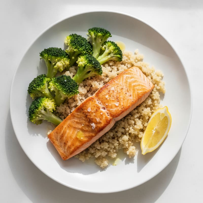 Seared Salmon Fillet with Steamed Broccoli and Quinoa
