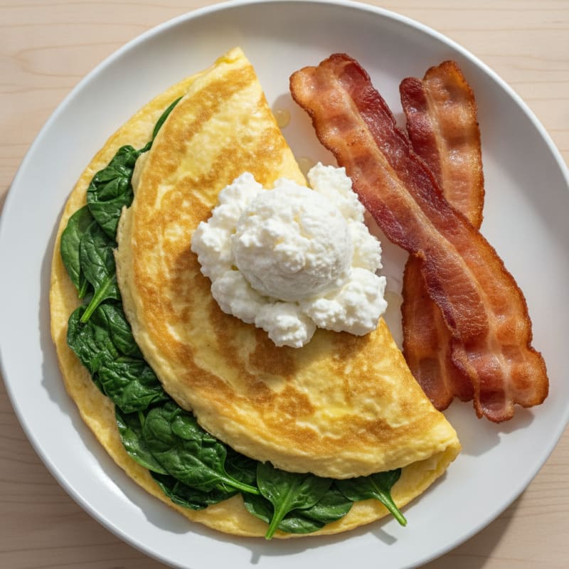 Egg White Spinach Omelette with Cottage Cheese and Turkey Bacon