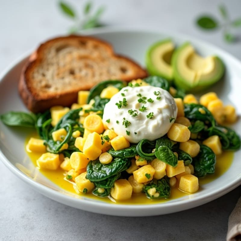 Egg White and Spinach Scramble with Cottage Cheese and Sliced Avocado