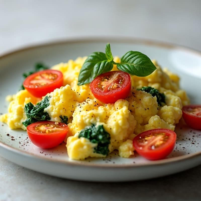 Cottage Cheese Egg Scramble with Sautéed Spinach and Tomatoes