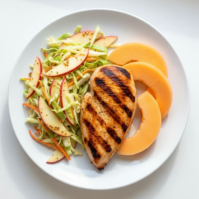 Grilled Chicken Breast with Crunchy Vegetable Salad and Cantaloupe Slices